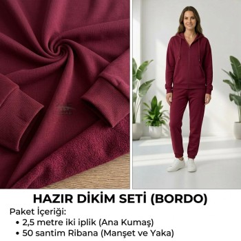 Bordo Eşofman Takımı Dikimi için Hazır Set: 250x180 cm İki İplik + 100x70 cm Ribana Kumaş