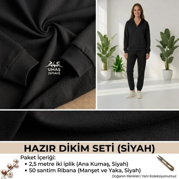Siyah Eşofman Takımı Dikimi için Hazır Set: 250x180 cm İki İplik + 100x70 cm Ribana Kumaş