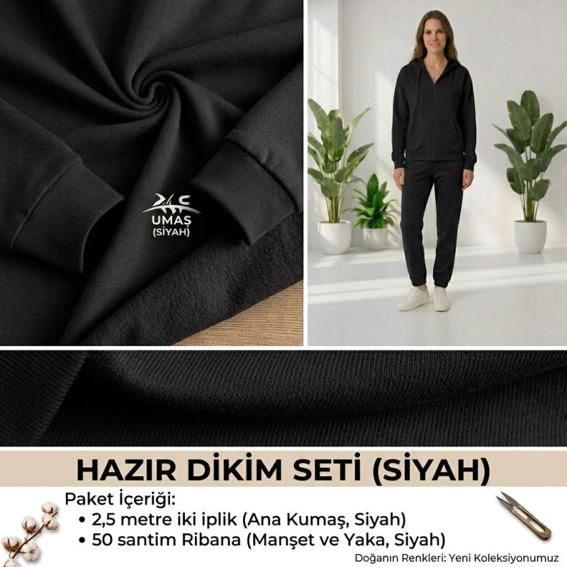 Siyah Eşofman Takımı Dikimi için Hazır Set: 250x180 cm İki İplik + 100x70 cm Ribana Kumaş