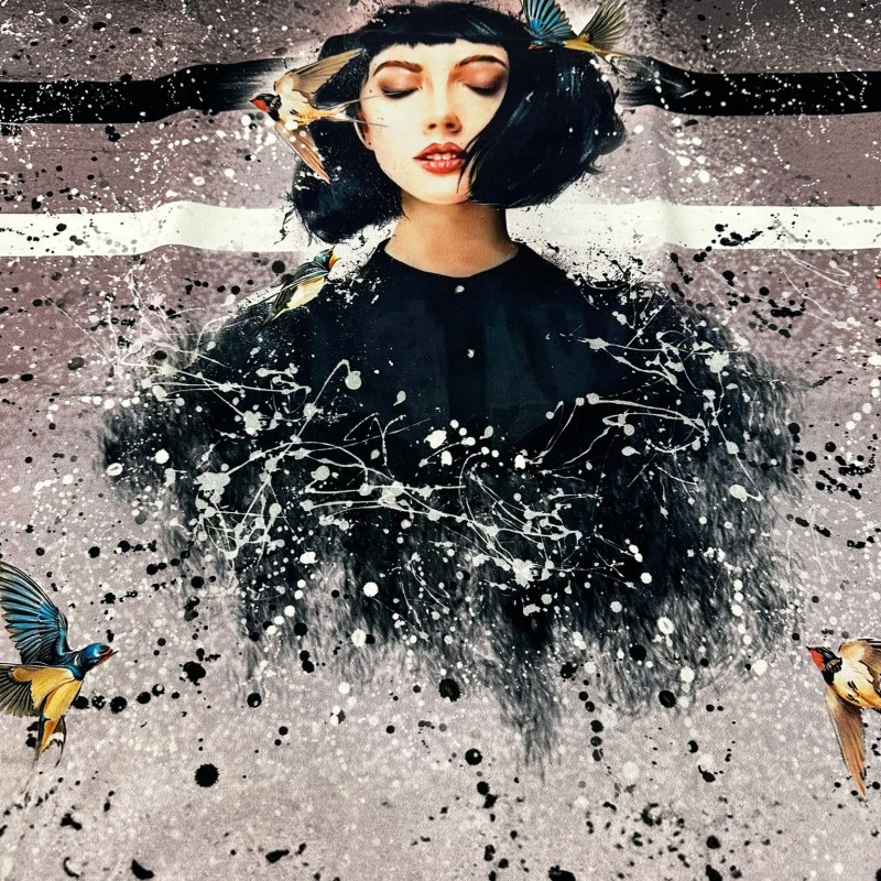 Kadın Ve Kuşlar Baskılı  Pano 2 iplik Kumaş 82x180 cm
