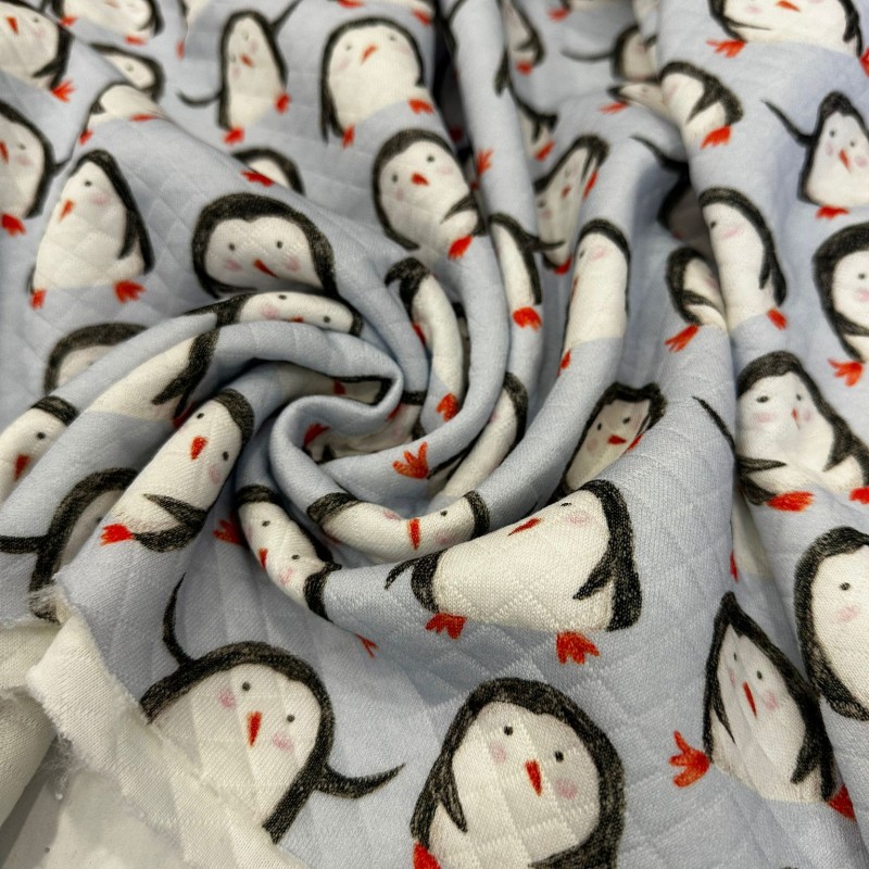Desenli Kapitone Kumaş | Mavi Zemin Penguen