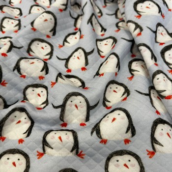 Desenli Kapitone Kumaş | Mavi Zemin Penguen