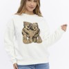 Kadife Ayıcıklar Desenli Şardonlu (Içi Polarlı) Ekru Regular Fit Bisiklet Yaka Kadın Sweatshirt