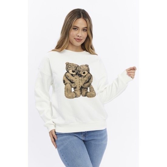 Kadife Ayıcıklar Desenli Şardonlu (Içi Polarlı) Ekru Regular Fit Bisiklet Yaka Kadın Sweatshirt