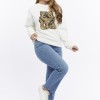 Kadife Ayıcıklar Desenli Şardonlu (Içi Polarlı) Ekru Regular Fit Bisiklet Yaka Kadın Sweatshirt