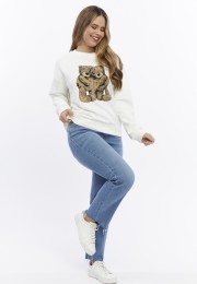 Kadife Ayıcıklar Desenli Şardonlu (Içi Polarlı) Ekru Regular Fit Bisiklet Yaka Kadın Sweatshirt