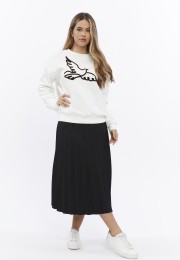 Kadife Kuş Desenli Şardonlu (Içi Polarlı) Ekru Regular Fit Bisiklet Yaka Kadın Sweatshirt