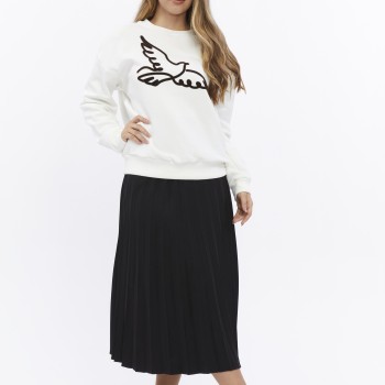 Kadife Kuş Desenli Şardonlu (Içi Polarlı) Ekru Regular Fit Bisiklet Yaka Kadın Sweatshirt