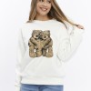 Kadife Ayıcıklar Desenli Şardonlu (Içi Polarlı) Ekru Regular Fit Bisiklet Yaka Kadın Sweatshirt