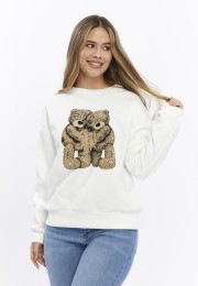 Kadife Ayıcıklar Desenli Şardonlu (Içi Polarlı) Ekru Regular Fit Bisiklet Yaka Kadın Sweatshirt