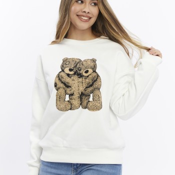 Kadife Ayıcıklar Desenli Şardonlu (Içi Polarlı) Ekru Regular Fit Bisiklet Yaka Kadın Sweatshirt