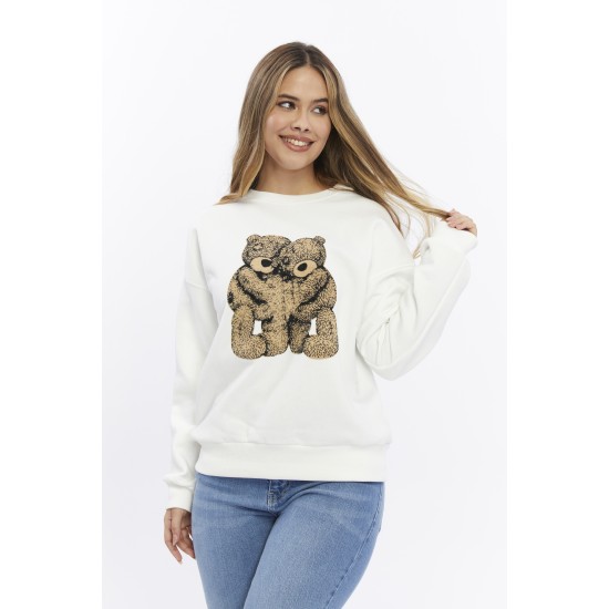 Kadife Ayıcıklar Desenli Şardonlu (Içi Polarlı) Ekru Regular Fit Bisiklet Yaka Kadın Sweatshirt