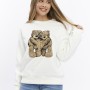 Kadife Ayıcıklar Desenli Şardonlu (Içi Polarlı) Ekru Regular Fit Bisiklet Yaka Kadın Sweatshirt