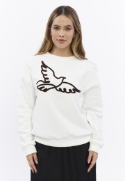 Kadife Kuş Desenli Şardonlu (Içi Polarlı) Ekru Regular Fit Bisiklet Yaka Kadın Sweatshirt