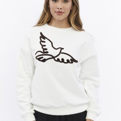 Ekru Regular Fit Bisiklet Yaka Kadın Sweatshirt | Şardonlu (Içi Polarlı) | Kuş Desen