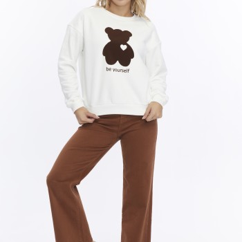 Kadife Be Yourself Desenli Ekru Yumuşak Dokulu Regular Fit Bisiklet Yaka Kadın Sweatshirt