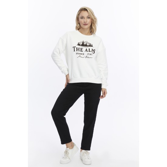 Kadife The Alps Desenli Ekru Yumuşak Dokulu Regular Fit Bisiklet Yaka Kadın Sweatshirt