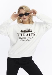 Kadife The Alps Desenli Ekru Yumuşak Dokulu Regular Fit Bisiklet Yaka Kadın Sweatshirt