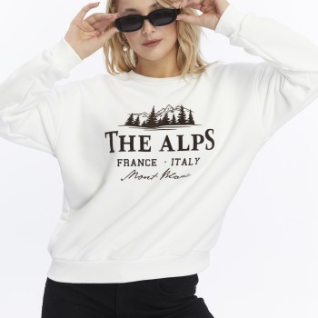 Kadife The Alps Desenli Ekru Yumuşak Dokulu Regular Fit Bisiklet Yaka Kadın Sweatshirt