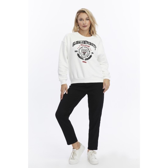 Kadife Global University Desenli Ekru Yumuşak Dokulu Regular Fit Bisiklet Yaka Kadın Sweatshirt