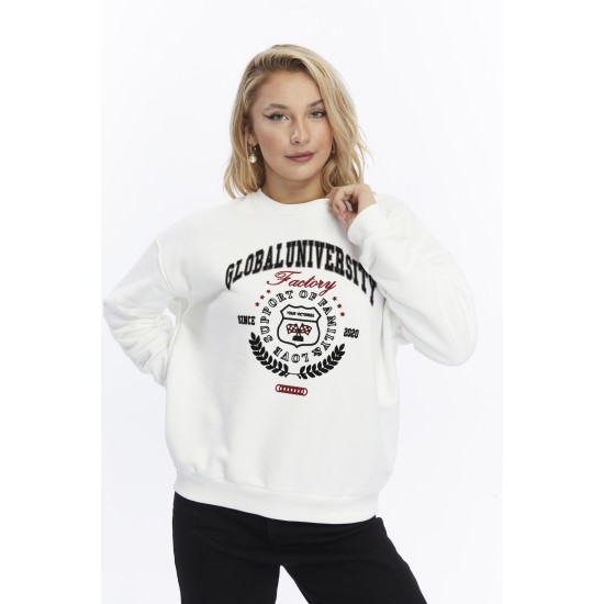 Kadife Global University Desenli Ekru Yumuşak Dokulu Regular Fit Bisiklet Yaka Kadın Sweatshirt