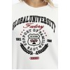 Kadife Global University Desenli Ekru Yumuşak Dokulu Regular Fit Bisiklet Yaka Kadın Sweatshirt