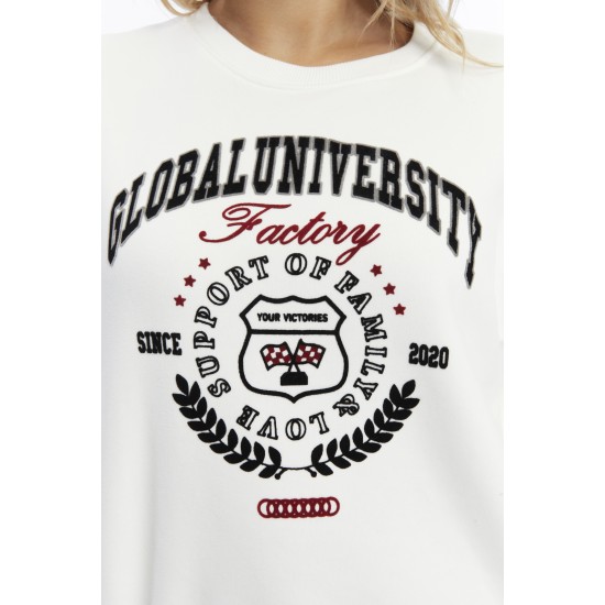 Kadife Global University Desenli Ekru Yumuşak Dokulu Regular Fit Bisiklet Yaka Kadın Sweatshirt