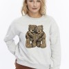 Kadife Ayıcıklar Desenli Gri Melanj Yumuşak Dokulu Regular Fit Bisiklet Yaka Kadın Sweatshirt