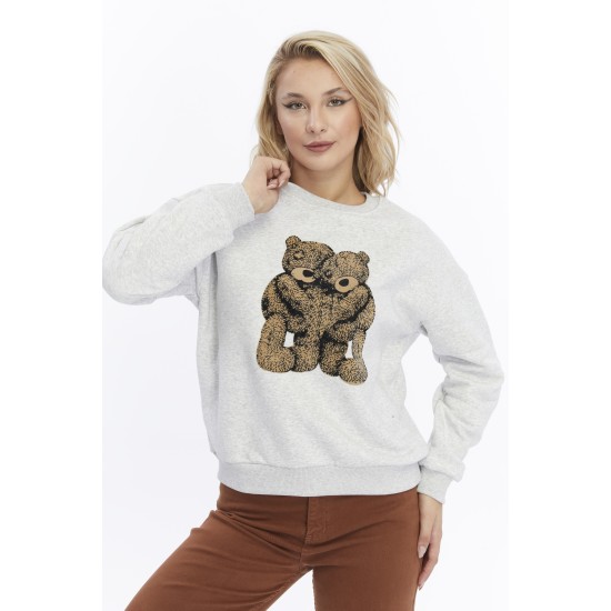 Kadife Ayıcıklar Desenli Gri Melanj Yumuşak Dokulu Regular Fit Bisiklet Yaka Kadın Sweatshirt