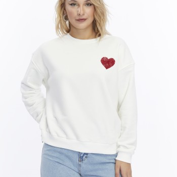 Kadife Kalp Desenli Ekru Yumuşak Dokulu Regular Fit Bisiklet Yaka Kadın Sweatshirt