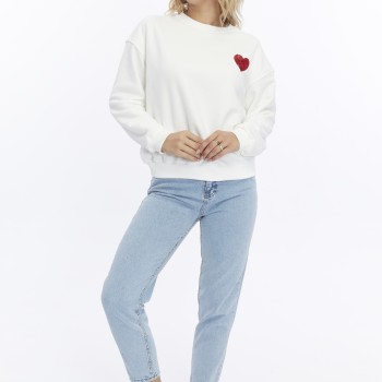 Kadife Kalp Desenli Ekru Yumuşak Dokulu Regular Fit Bisiklet Yaka Kadın Sweatshirt