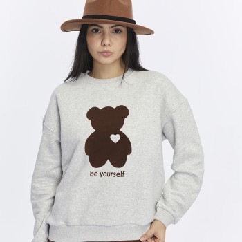 Kadife Be Yourself Desenli Gri Melanj Yumuşak Dokulu Regular Fit Bisiklet Yaka Kadın Sweatshirt