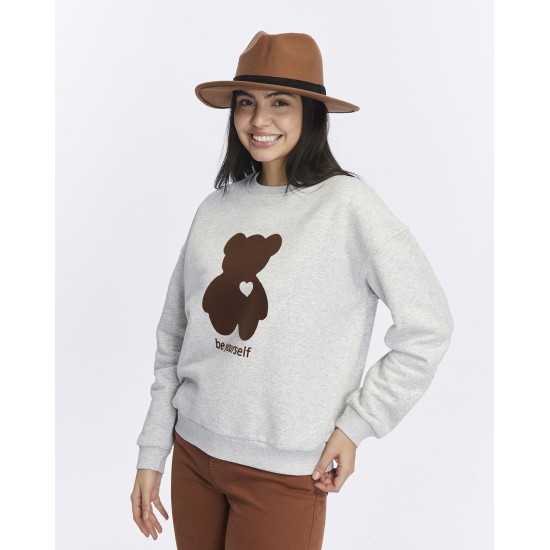 Kadife Be Yourself Desenli Gri Melanj Yumuşak Dokulu Regular Fit Bisiklet Yaka Kadın Sweatshirt