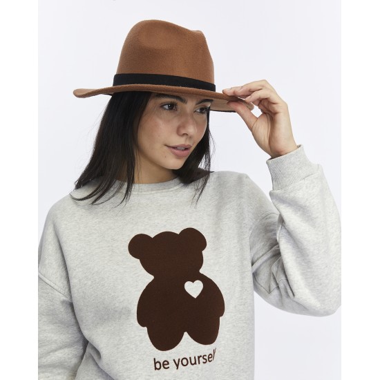 Kadife Be Yourself Desenli Gri Melanj Yumuşak Dokulu Regular Fit Bisiklet Yaka Kadın Sweatshirt