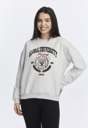 Kadife Global University Desenli Gri Melanj Yumuşak Dokulu Regular Fit Bisiklet Yaka Kadın Sweatshirt