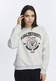 Kadife Global University Desenli Gri Melanj Yumuşak Dokulu Regular Fit Bisiklet Yaka Kadın Sweatshirt