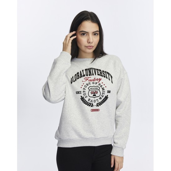 Kadife Global University Desenli Gri Melanj Yumuşak Dokulu Regular Fit Bisiklet Yaka Kadın Sweatshirt