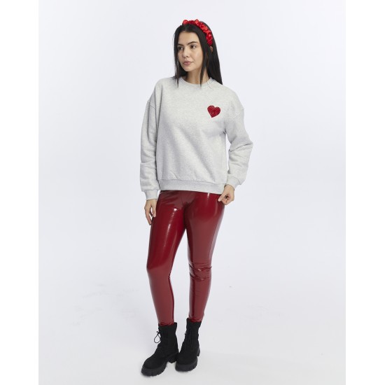 Kadife Kalp Desenli Gri Melanj Yumuşak Dokulu Regular Fit Bisiklet Yaka Kadın Sweatshirt