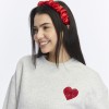Kadife Kalp Desenli Gri Melanj Yumuşak Dokulu Regular Fit Bisiklet Yaka Kadın Sweatshirt