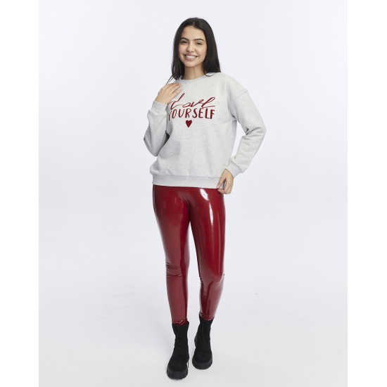 Kadife Love Yourself Desenli Gri Melanj Yumuşak Dokulu Regular Fit Bisiklet Yaka Kadın Sweatshirt