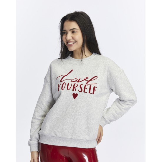 Kadife Love Yourself Desenli Gri Melanj Yumuşak Dokulu Regular Fit Bisiklet Yaka Kadın Sweatshirt