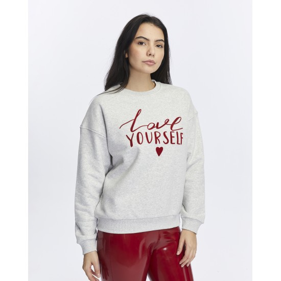 Kadife Love Yourself Desenli Gri Melanj Yumuşak Dokulu Regular Fit Bisiklet Yaka Kadın Sweatshirt