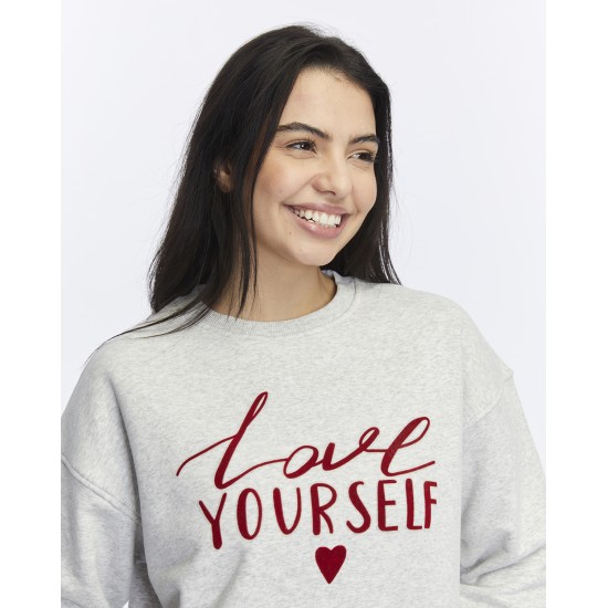 Kadife Love Yourself Desenli Gri Melanj Yumuşak Dokulu Regular Fit Bisiklet Yaka Kadın Sweatshirt