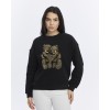 Kadife Ayıcıklar Desenli Siyah Yumuşak Dokulu Regular Fit Bisiklet Yaka Kadın Sweatshirt