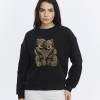 Kadife Ayıcıklar Desenli Siyah Yumuşak Dokulu Regular Fit Bisiklet Yaka Kadın Sweatshirt