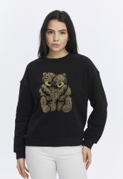 Kadife Ayıcıklar Desenli Siyah Yumuşak Dokulu Regular Fit Bisiklet Yaka Kadın Sweatshirt