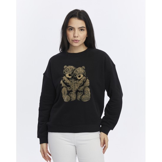 Kadife Ayıcıklar Desenli Siyah Yumuşak Dokulu Regular Fit Bisiklet Yaka Kadın Sweatshirt