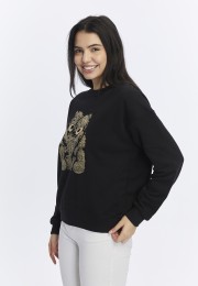 Kadife Ayıcıklar Desenli Siyah Yumuşak Dokulu Regular Fit Bisiklet Yaka Kadın Sweatshirt