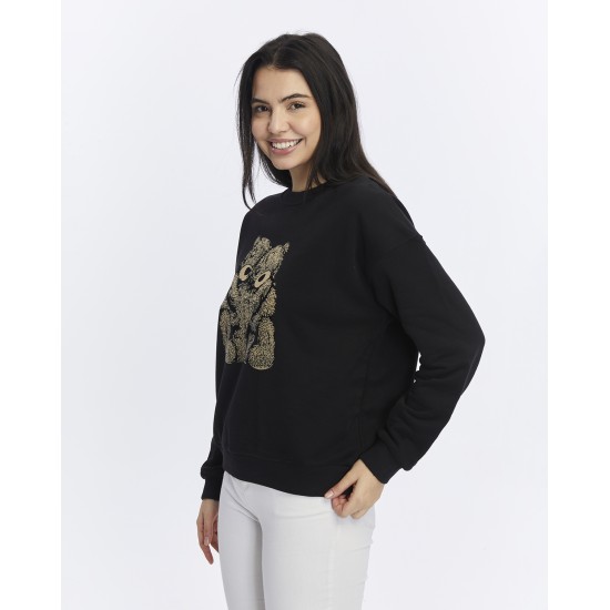 Kadife Ayıcıklar Desenli Siyah Yumuşak Dokulu Regular Fit Bisiklet Yaka Kadın Sweatshirt