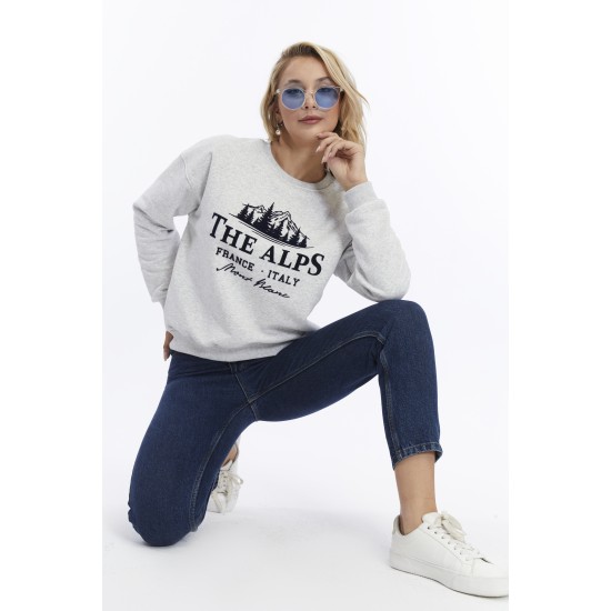 Kadife The Alps Desenli Gri Melanj Yumuşak Dokulu Regular Fit Bisiklet Yaka Kadın Sweatshirt